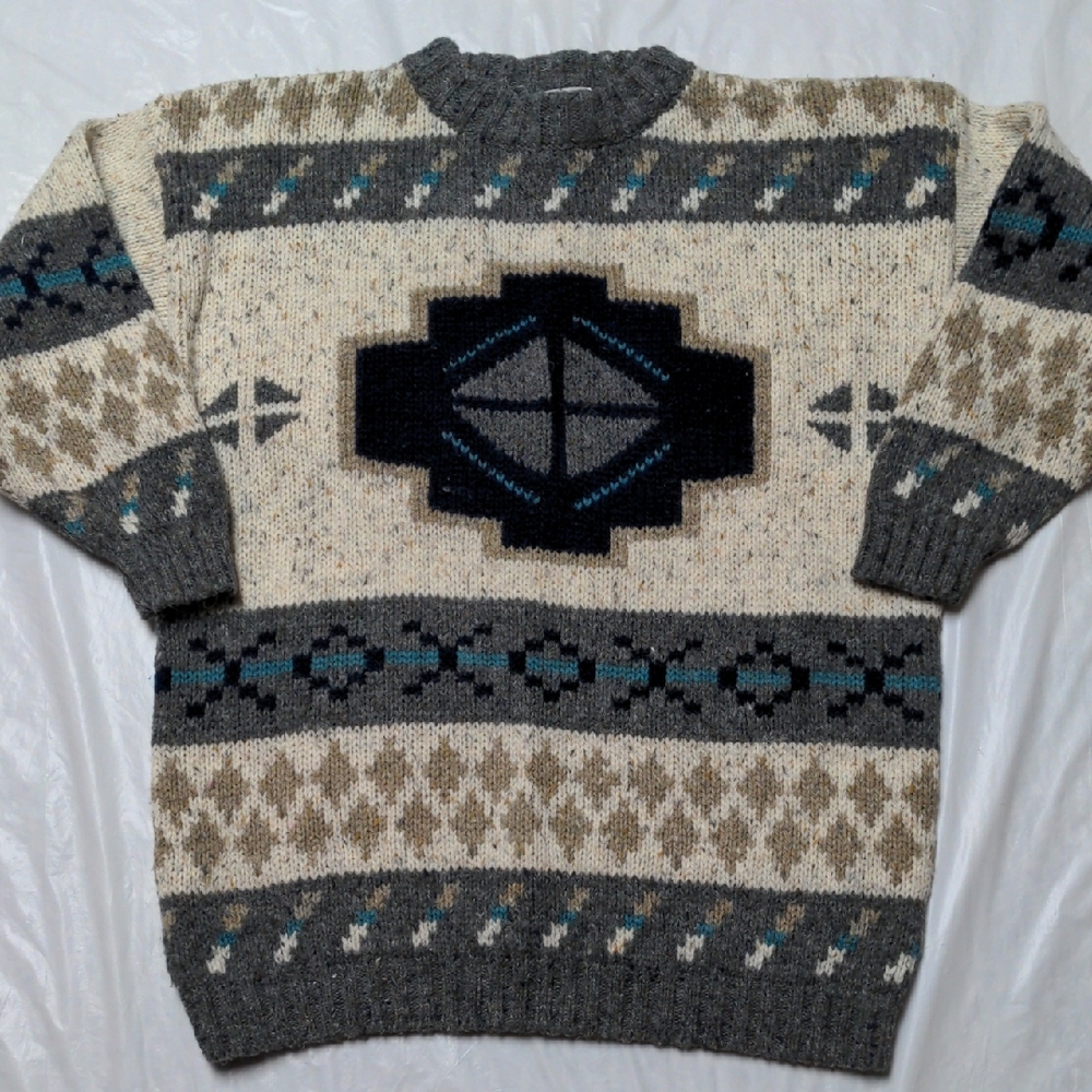 Vintage 90s Wool Aztec Print Crewneck Sweater Blue Gray Size Large